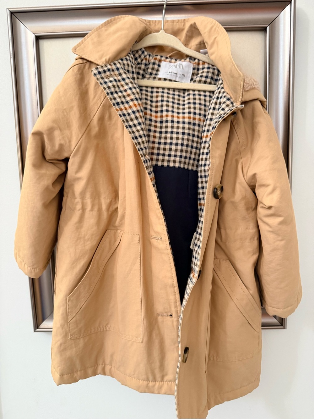 Zara Tan Hooded Trench Coat with Checked Lining